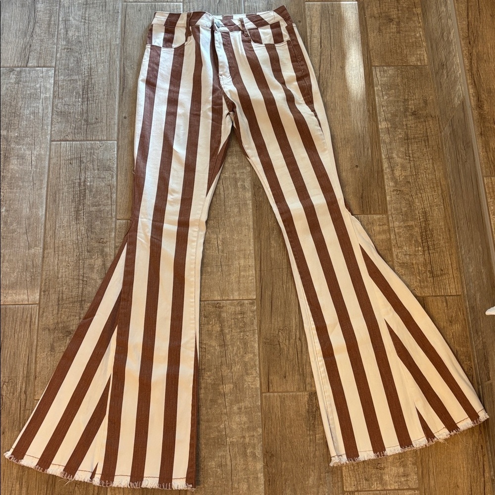 Wysteria Lane Brown & White Striped High-rise, flare jeans with a raw/frayed hem - Picture 2 of 5